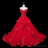 Red Lace and Tulle Gorgeous Off Shoulder Princess Sweet 16 Dress, Red Formal Gown